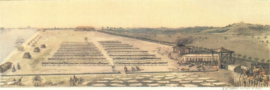 Ilustração de uma antiga charqueada, local de produção do charque junto às propriedades dos fazendeiros.